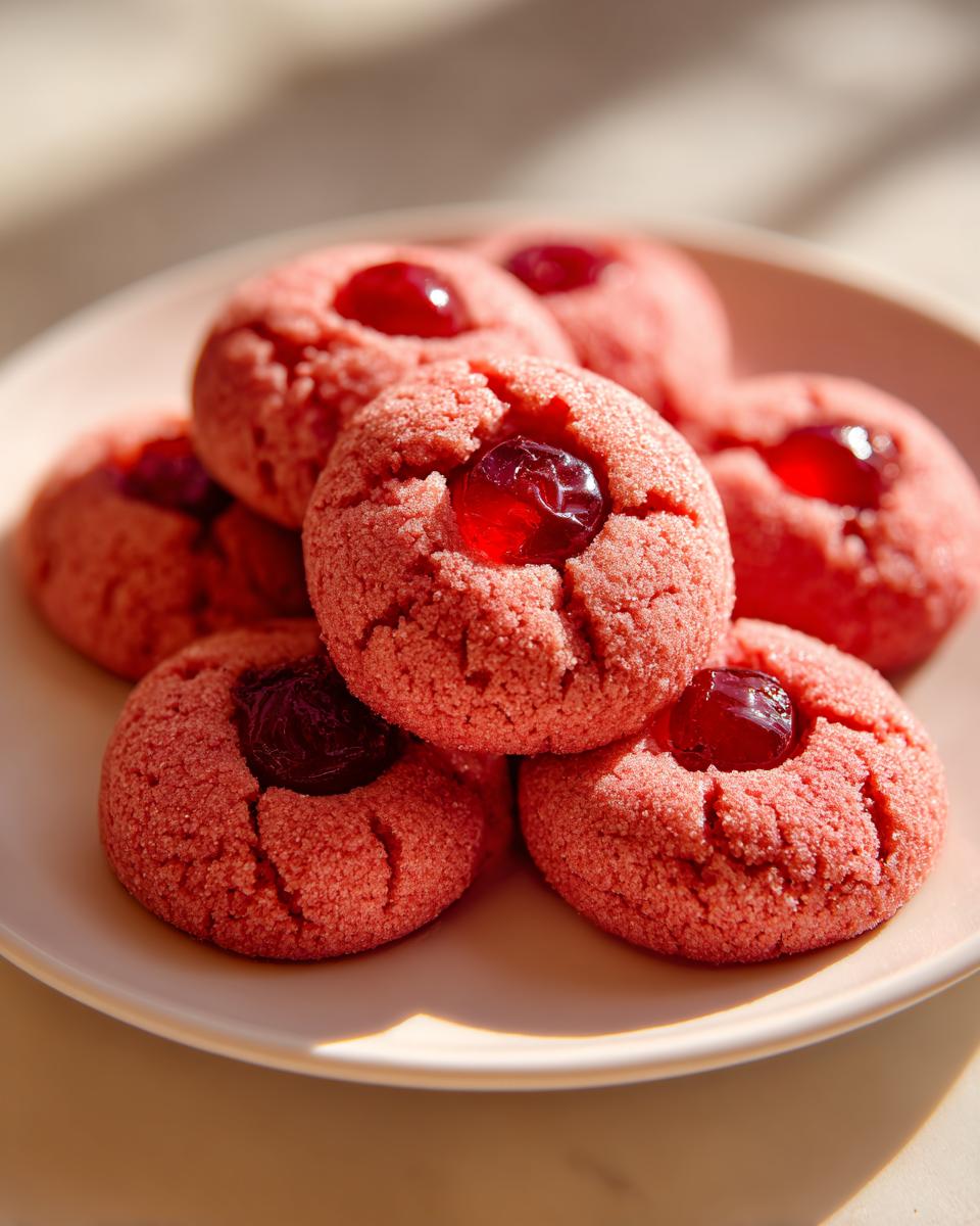 Close-up of a plate with several delicious Homemade Maraschino Cherry Cookies.