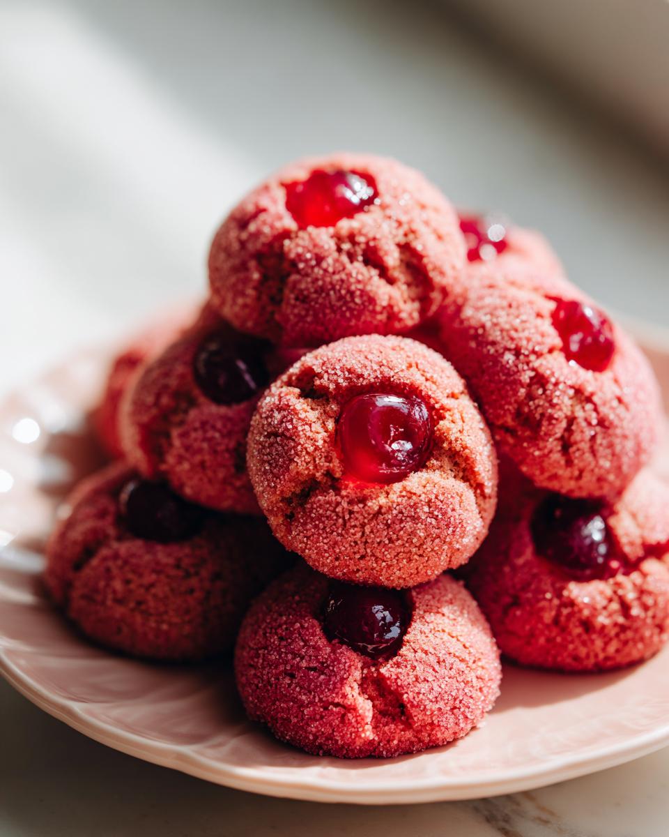 Close-up of a stack of homemade Maraschino Cherry Cookies, pink and topped with cherries.
