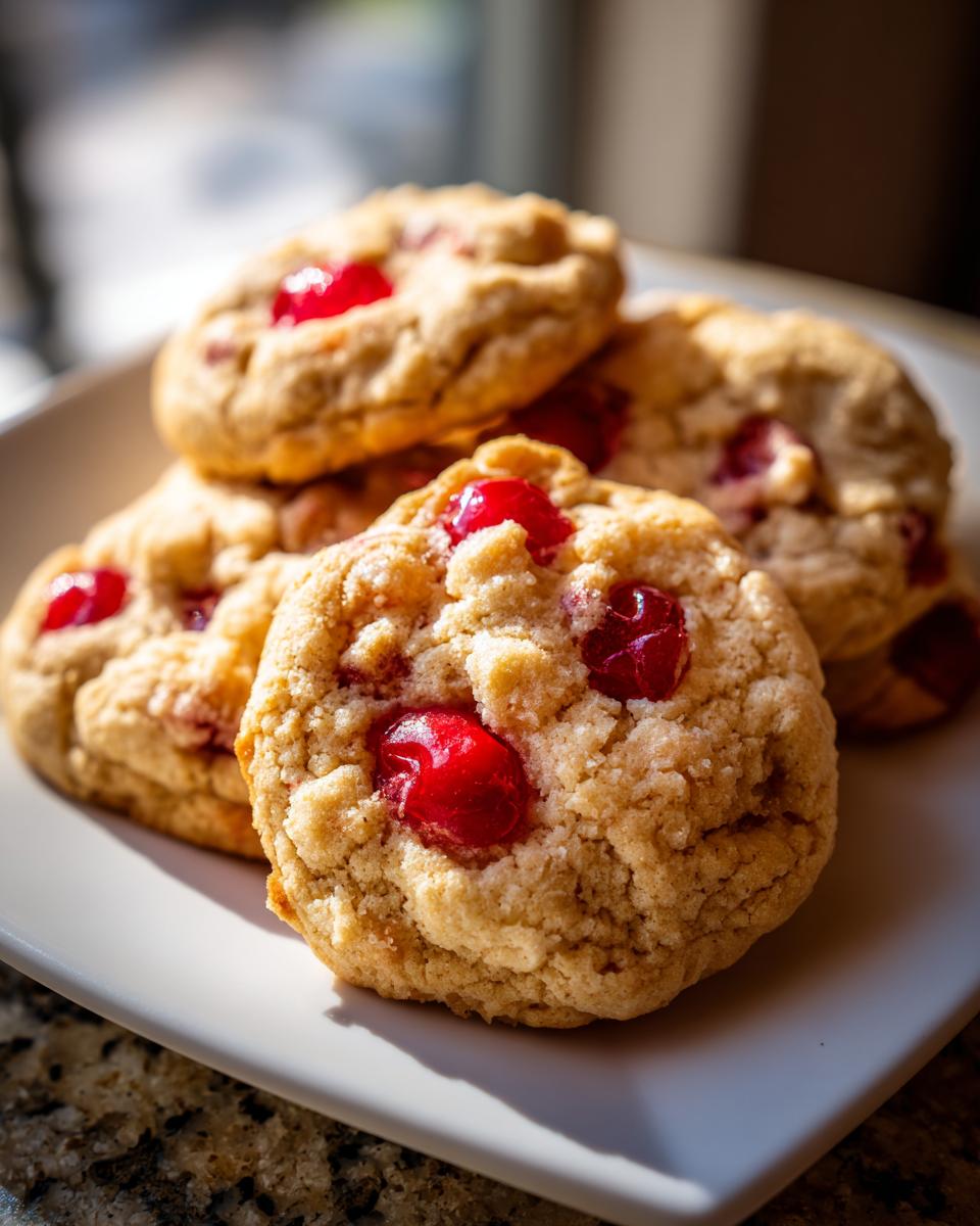 Close-up of a stack of homemade Maraschino Cherry Cookies.