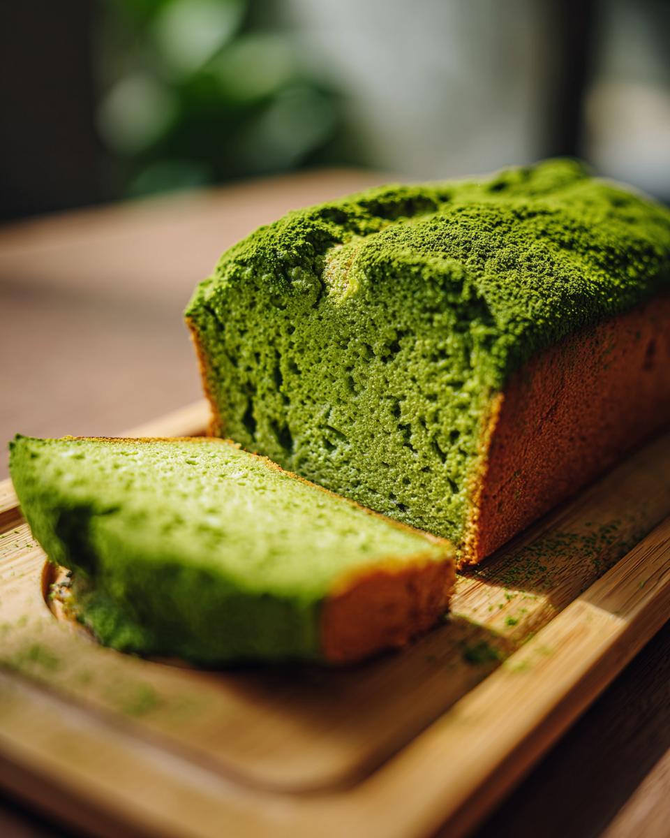 Close-up of a slice of Matcha Green Tea Cake on a wooden board, showing the texture and color.