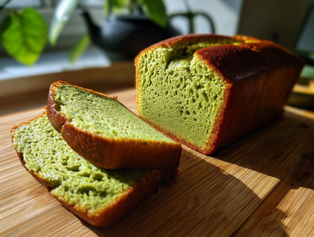 Close-up of sliced Matcha Green Tea Cake on a wooden board, showing the vibrant green color and texture.