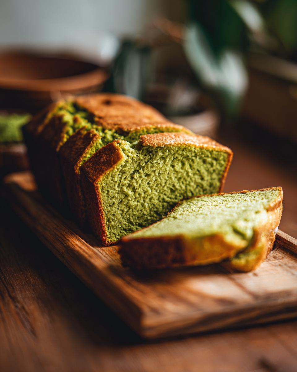 Close-up of sliced Matcha Green Tea Cake, showing the green color and texture.