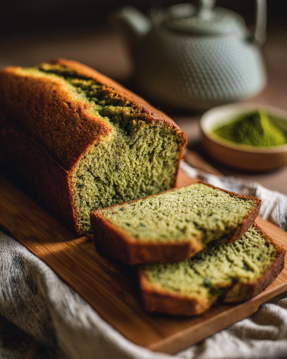 Close-up of a sliced Matcha Green Tea Cake on a wooden board, showcasing the vibrant green color.