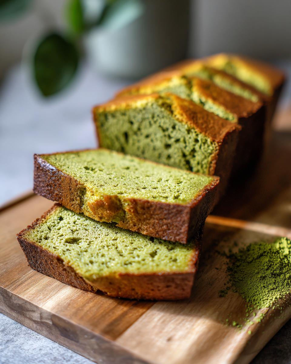 Close-up of sliced Matcha Green Tea Cake on a wooden board, showcasing the vibrant green color.