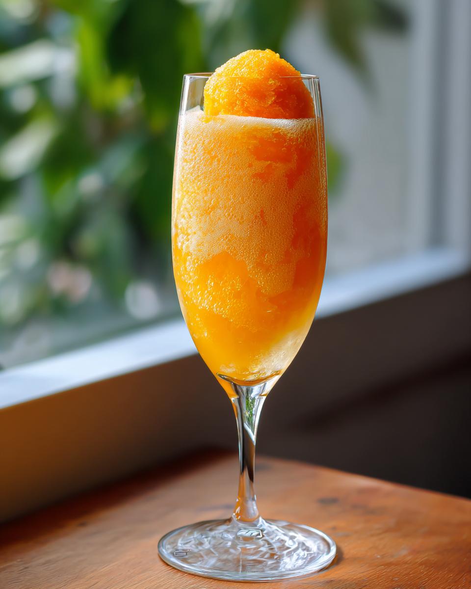 A vibrant Mimosa Float in a champagne glass, topped with a scoop of orange sorbet. Perfect for brunch!