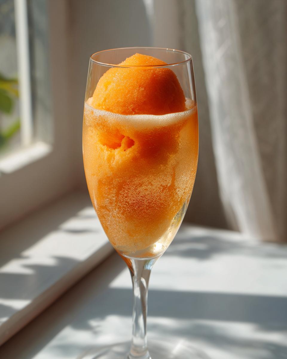 A chilled Mimosa Float in a champagne glass, with a scoop of orange sorbet.