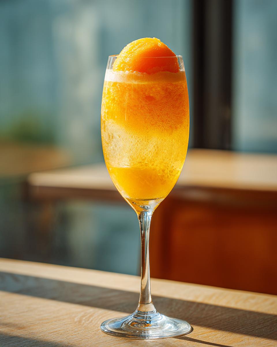 A tall glass filled with a Mimosa Float, topped with a scoop of orange sorbet.