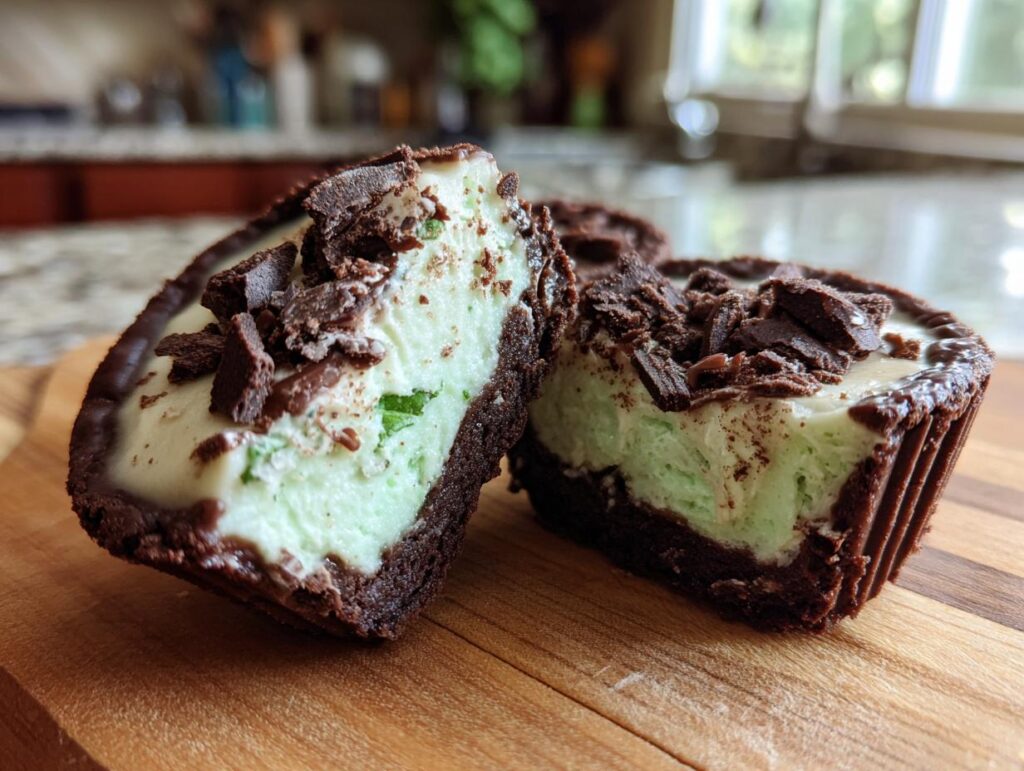 Close-up of a mini grasshopper pie, showing the mint filling, chocolate crust, and chocolate shavings.