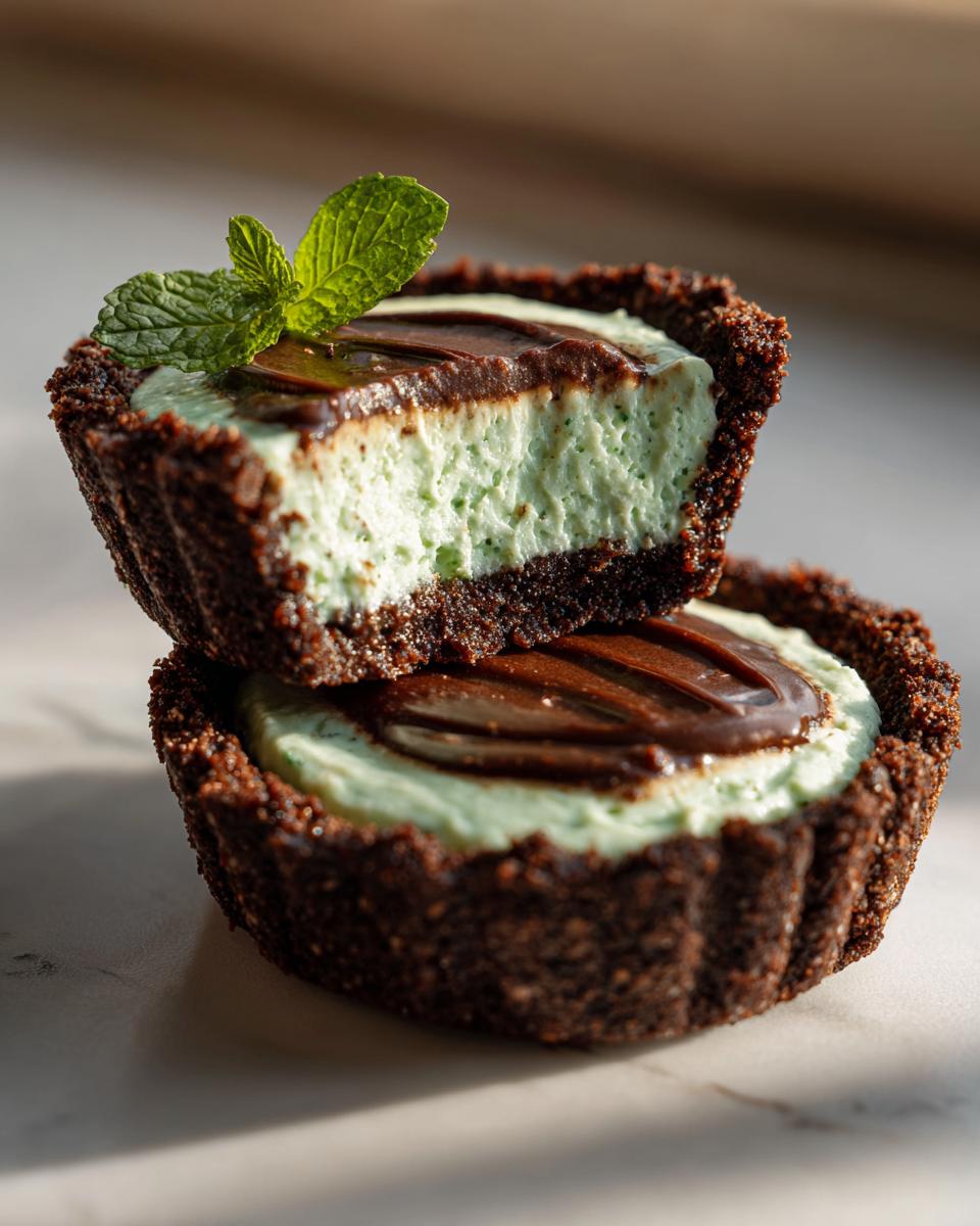 Close-up of two Mini Grasshopper Pies, showing mint filling and chocolate topping.