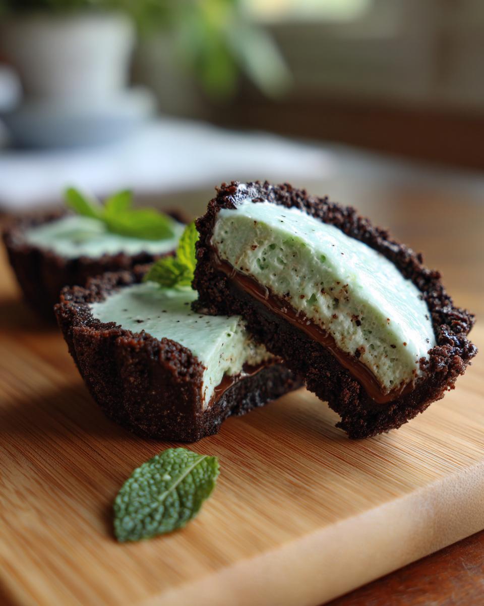 Close-up of a cut Mini Grasshopper Pie showing the layers of chocolate crust, mint filling, and chocolate ganache.