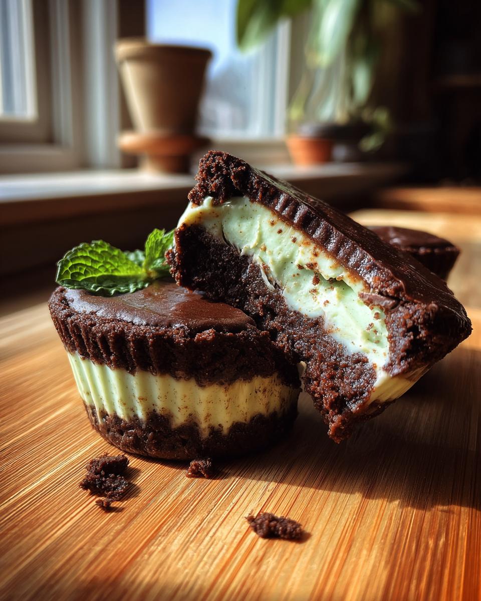 Close-up of a Mini Grasshopper Pie, showing the layers of chocolate and mint filling.