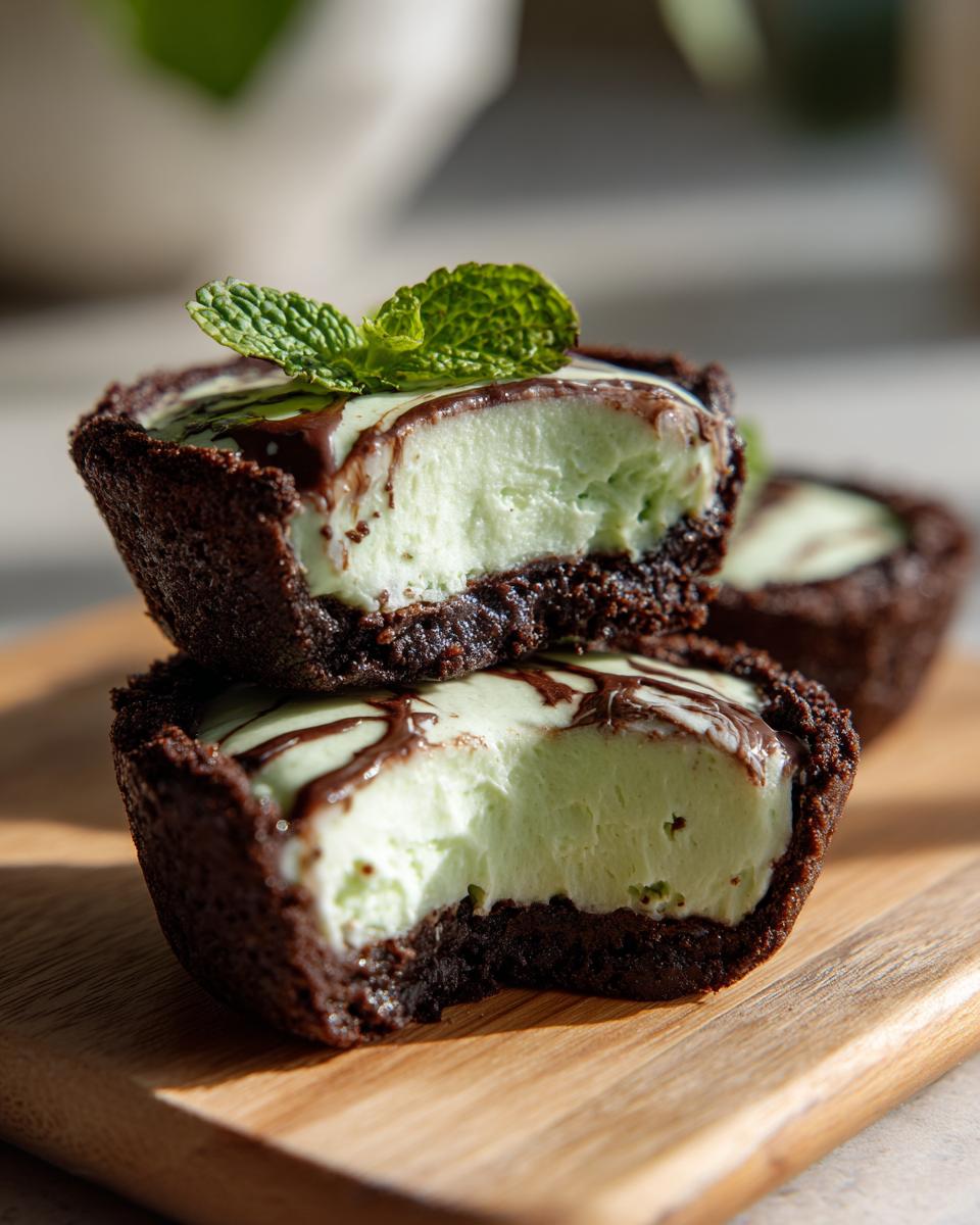 Close-up of a stack of mini grasshopper pies with mint garnish and chocolate drizzle.