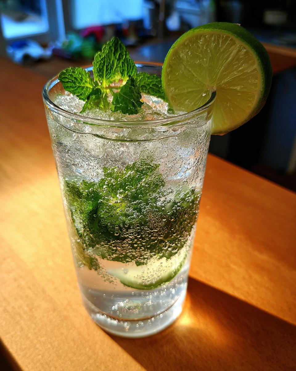 A tall glass of No-Jito, a refreshing winter drink, with mint, lime, and sparkling water.