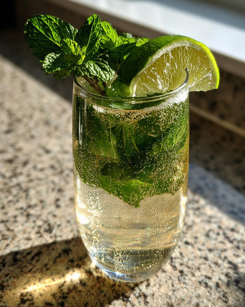 A glass of No-Jito, a mint and lime winter sparkler, garnished with fresh mint and lime.