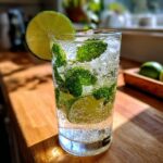 Close-up of a No-Jito drink with mint, lime, and ice in a glass.