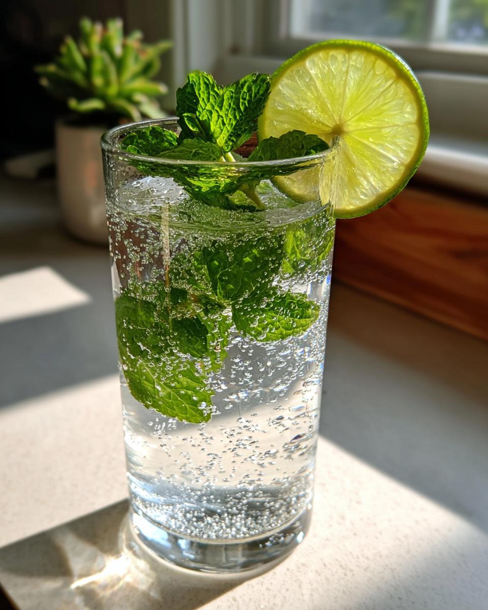 A glass of No-Jito, a winter sparkler, with mint and lime.