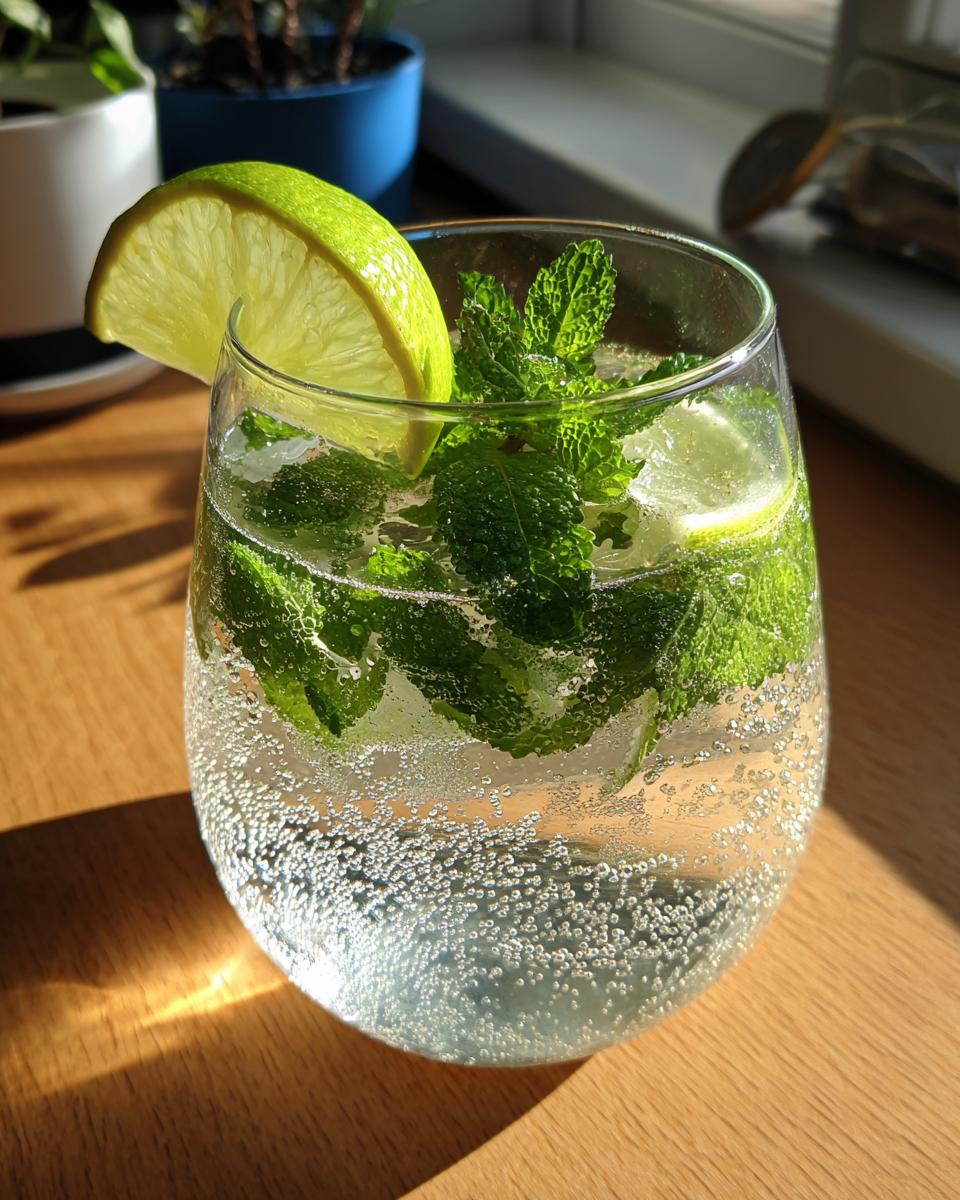 A glass of refreshing No-Jito, a mint and lime winter sparkler, garnished with a lime slice and mint leaves.