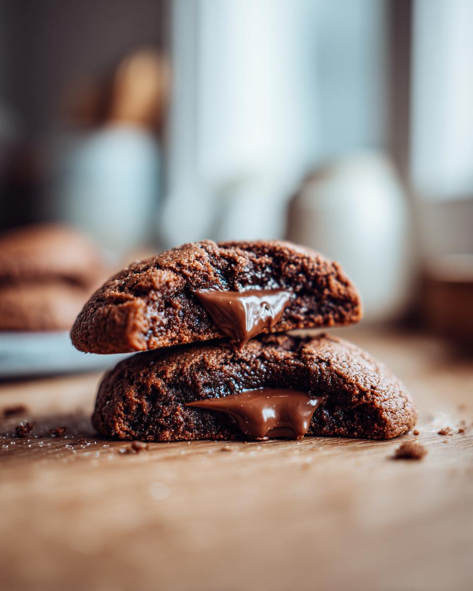 Close-up of a Nutella-Stuffed Cookie cut in half, showing the melted Nutella filling.
