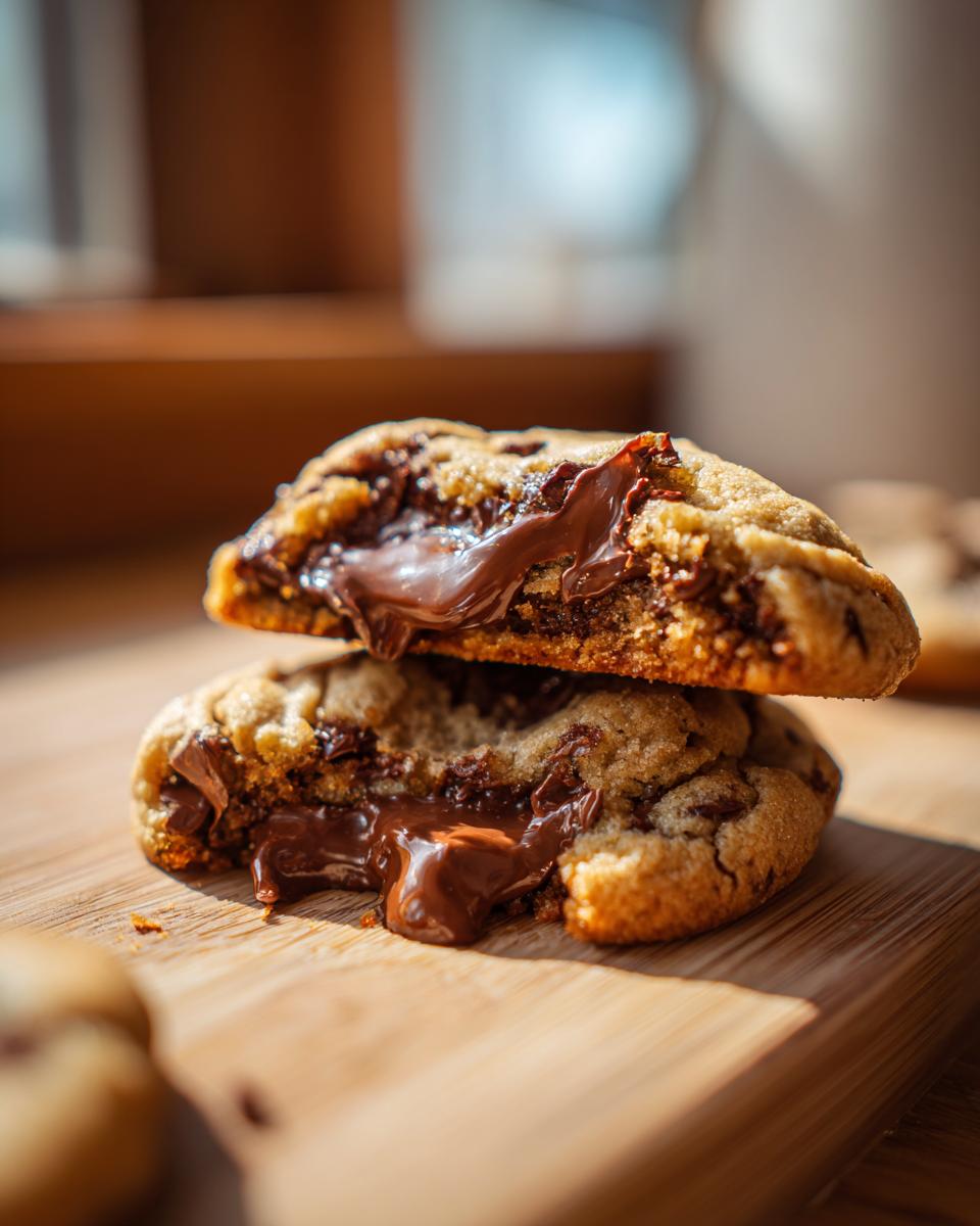 Close-up of two halves of a Nutella-Stuffed Cookie with melted Nutella oozing out.