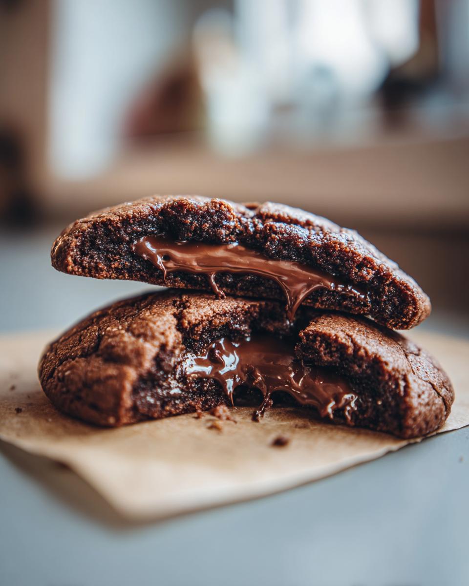 Close-up of a stack of Nutella-Stuffed Cookies with oozing chocolate filling.