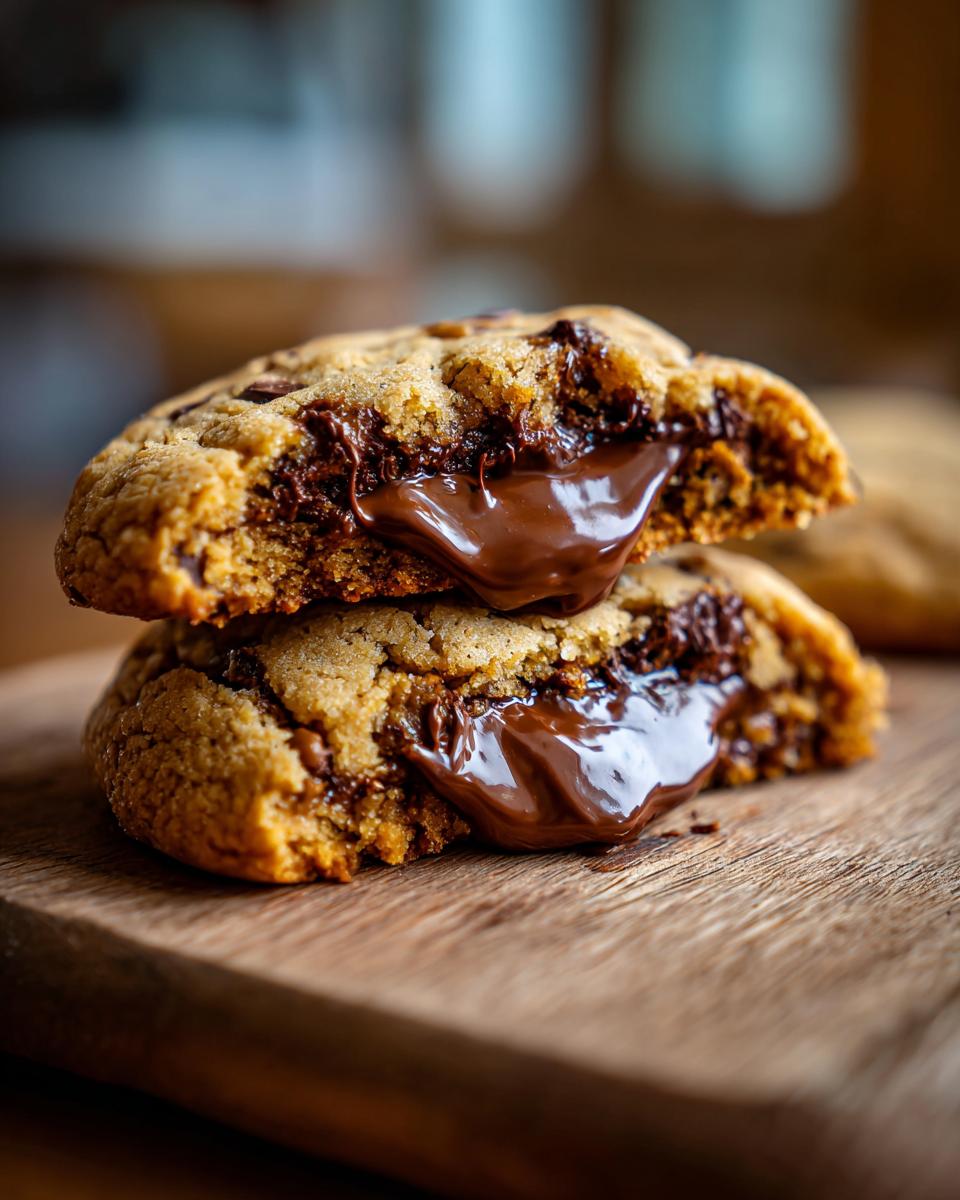 Close-up of a Nutella-Stuffed Cookie cut in half, showing the melted Nutella filling.