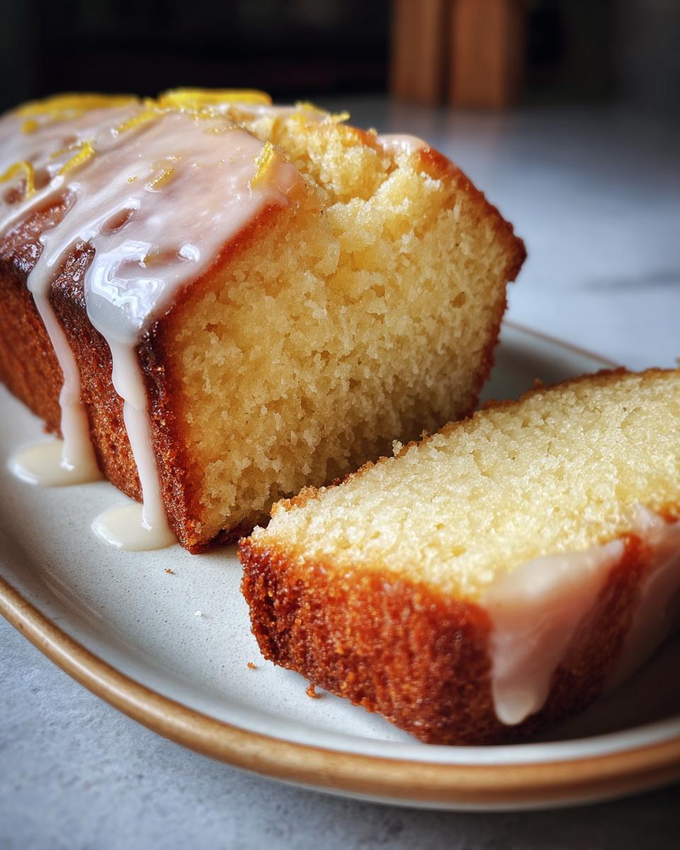 A slice of One-Bowl Lemon Drizzle Cake with glaze, on a plate. Delicious and easy to make.