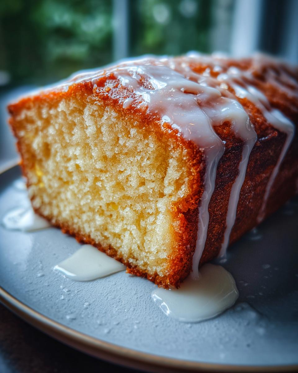Close-up of a slice of One-Bowl Lemon Drizzle Cake with lemon glaze drizzled on top.