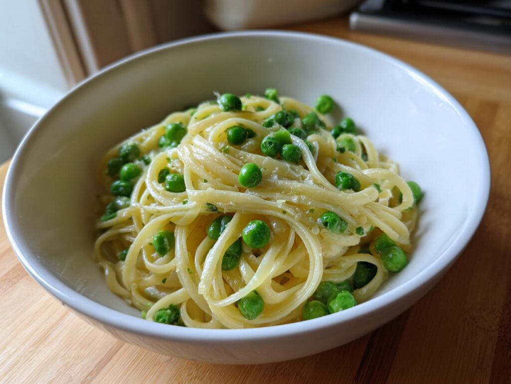 A bowl of creamy One-Pot Pasta e Piselli with pasta, peas, and cheese.