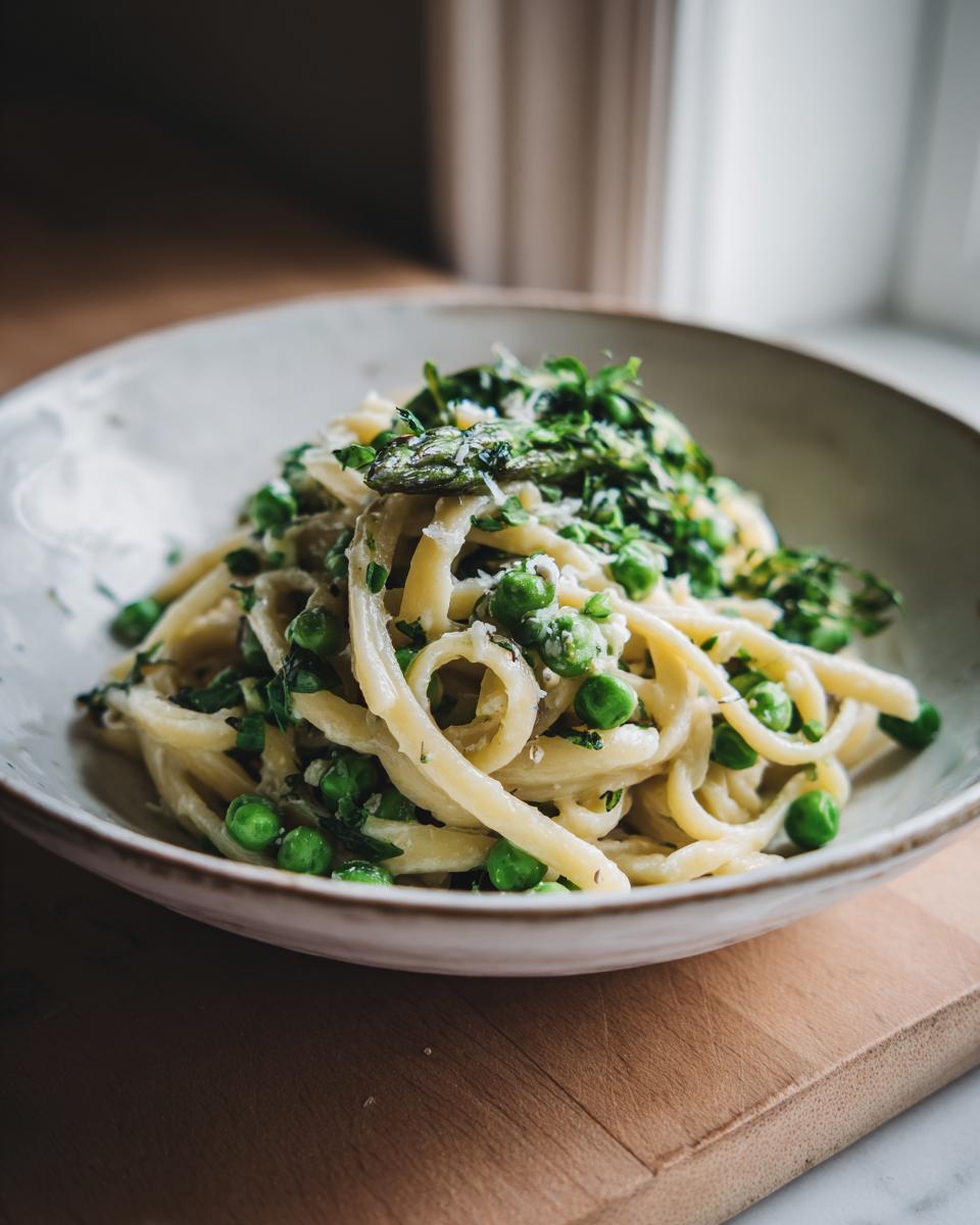 Close-up of a bowl of creamy One-Pot Pasta e Piselli with fresh peas and herbs.