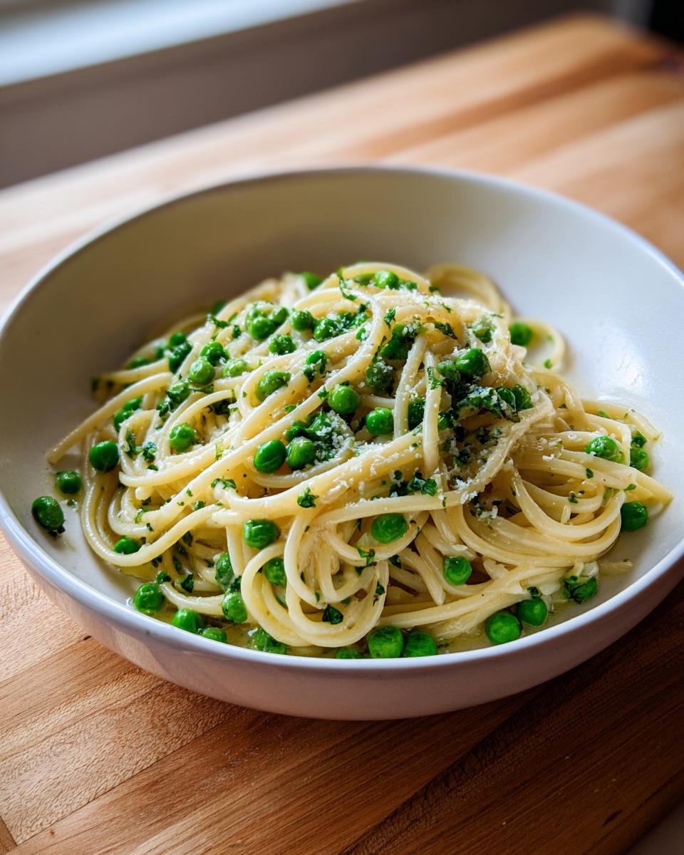 Close-up of One-Pot Pasta e Piselli with peas, herbs, and cheese in a white bowl on a wooden surface.