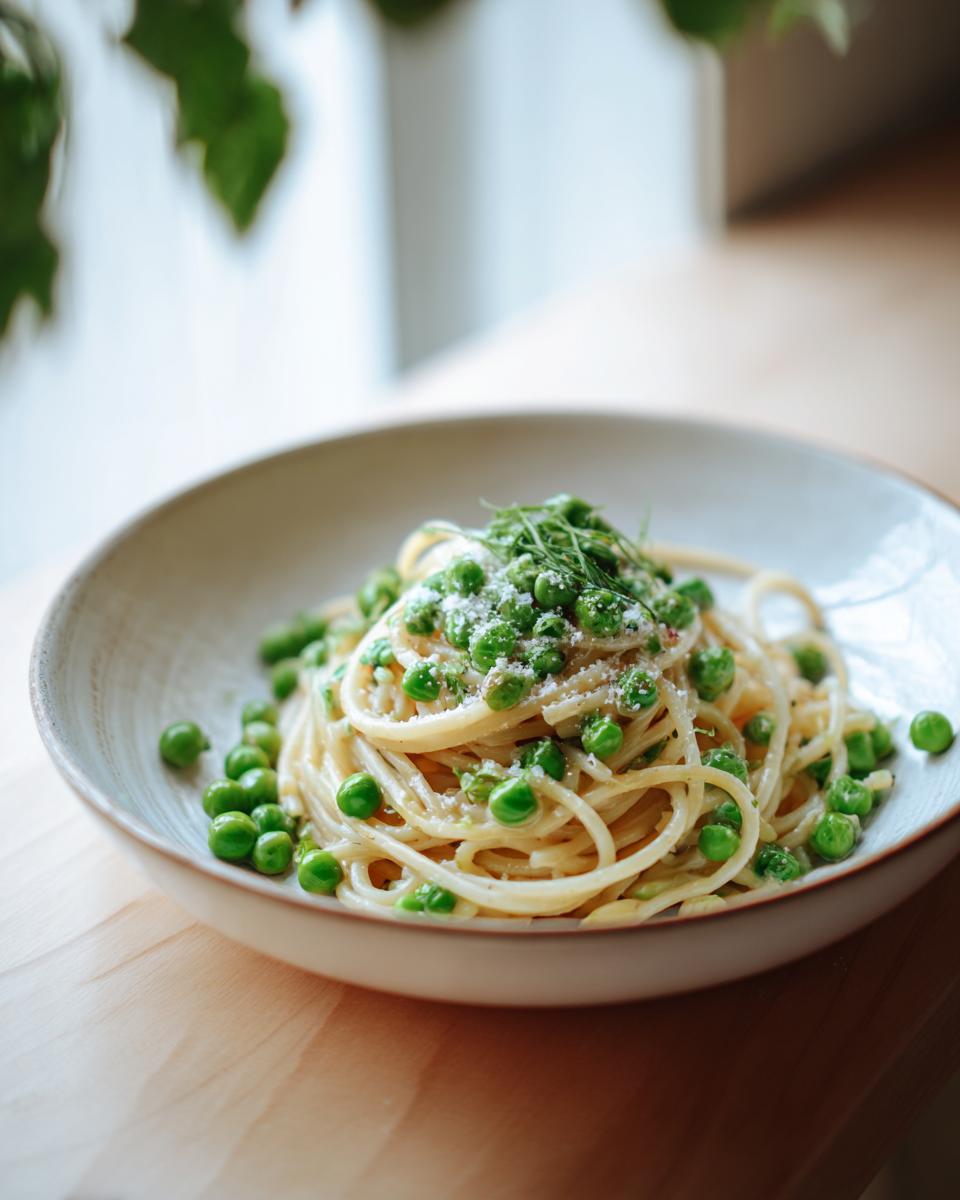 Close-up of a bowl of One-Pot Pasta e Piselli with peas, cheese, and herbs.