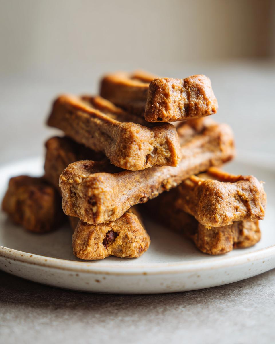 Close-up of a stack of homemade Peanut Butter & Banana Bones on a plate, perfect dog treats.