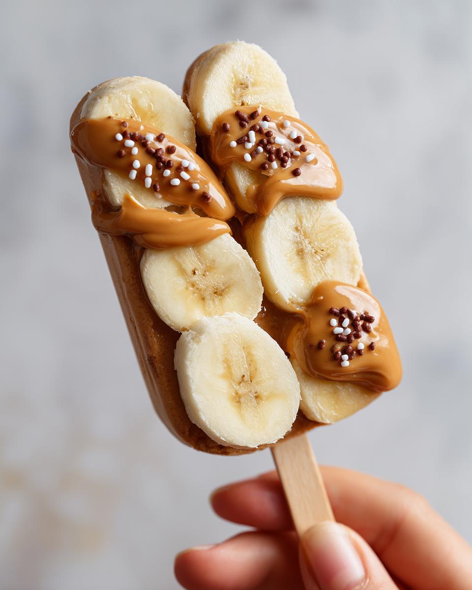 Close-up of a Peanut Butter Banana Pop with banana slices, peanut butter, and sprinkles.