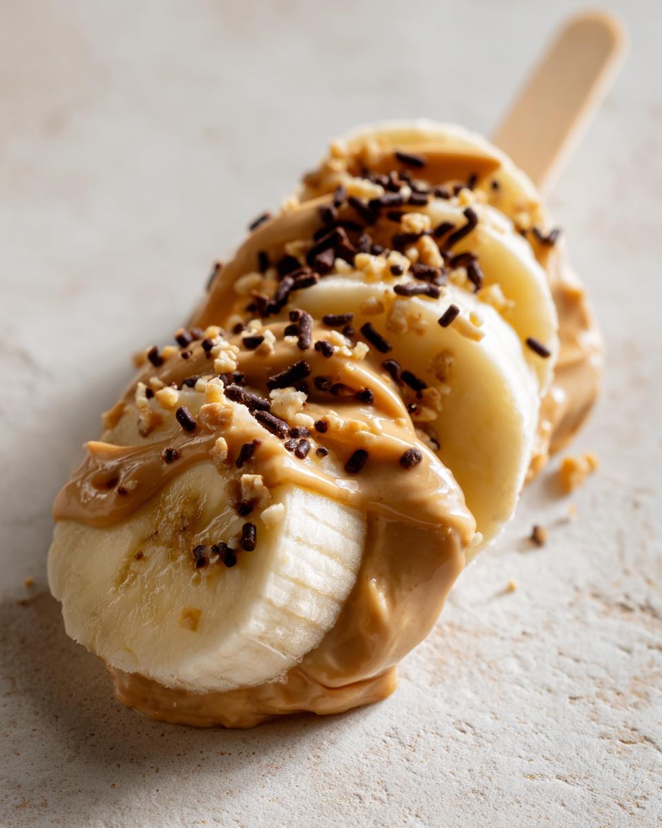 Close-up of a Peanut Butter Banana Pop, with banana slices dipped in peanut butter and topped with sprinkles.
