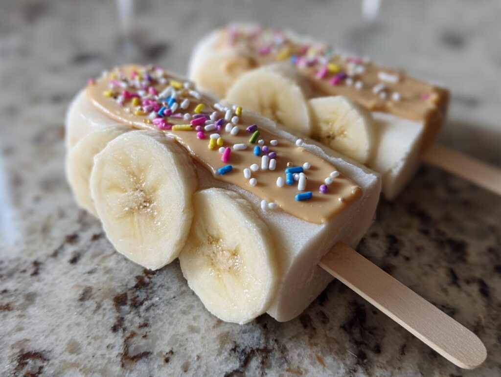 Close-up of two Peanut Butter Banana Pops decorated with sprinkles, a fun and healthy treat.