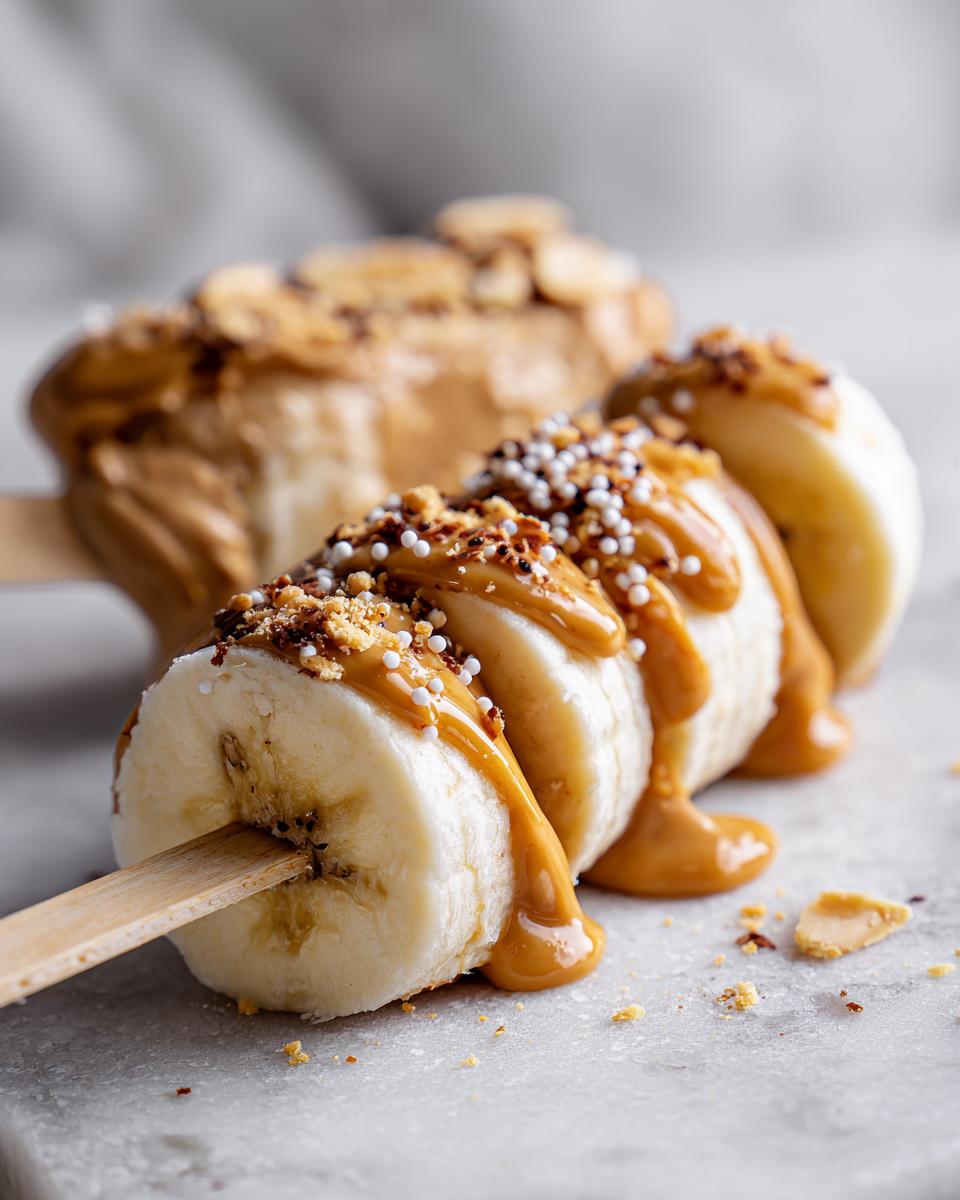 Close-up of sliced Peanut Butter Banana Pops drizzled with peanut butter and sprinkles.