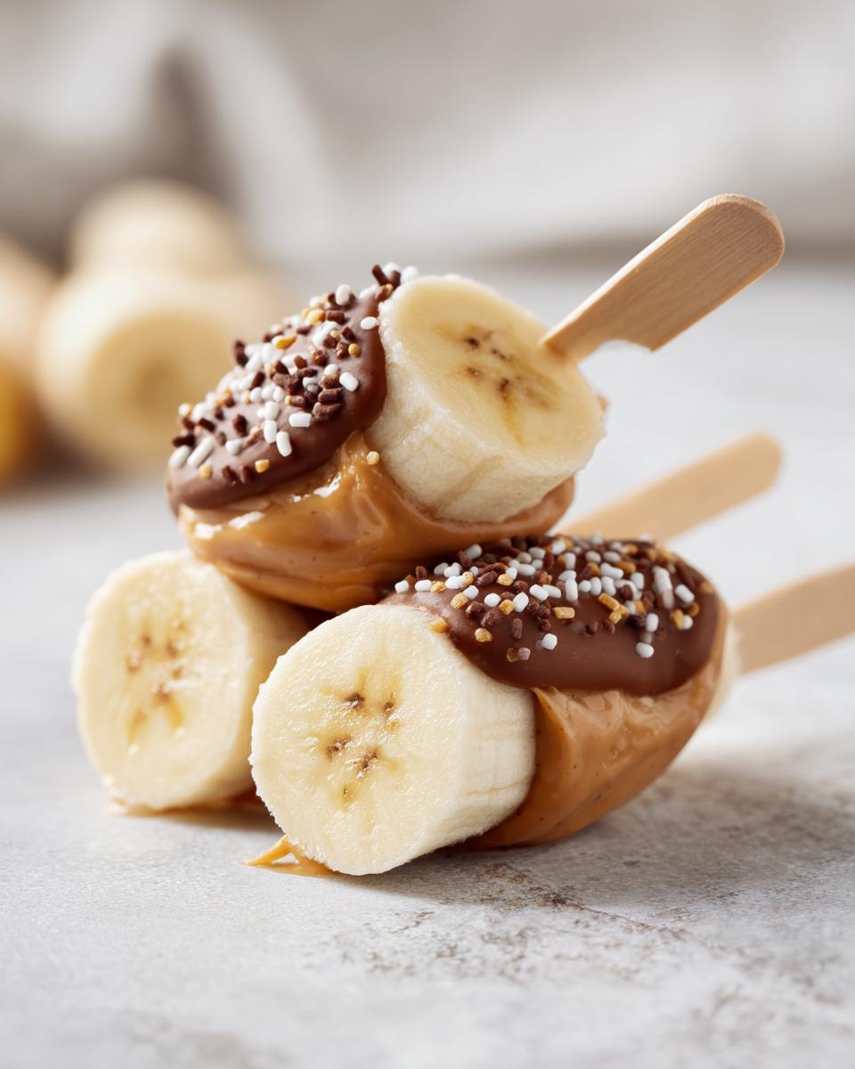 Close-up of stacked Peanut Butter Banana Pops, a delicious treat with chocolate and sprinkles.