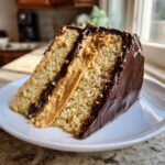 A slice of Peanut Butter Chocolate Cake on a white plate, showing layers of cake, peanut butter filling, and chocolate frosting.