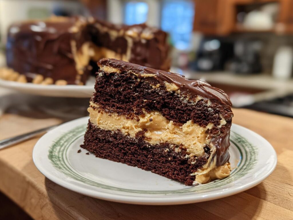 A delicious slice of Peanut Butter Chocolate Cake on a plate, showing layers of chocolate cake and peanut butter filling.