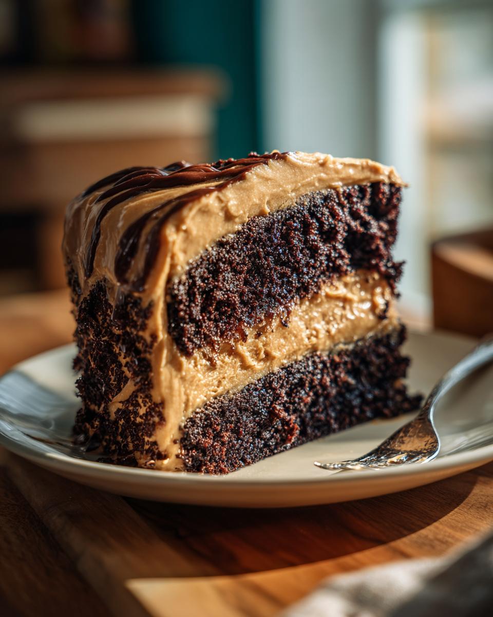 A slice of Peanut Butter Chocolate Cake on a plate, showing layers of cake and frosting.