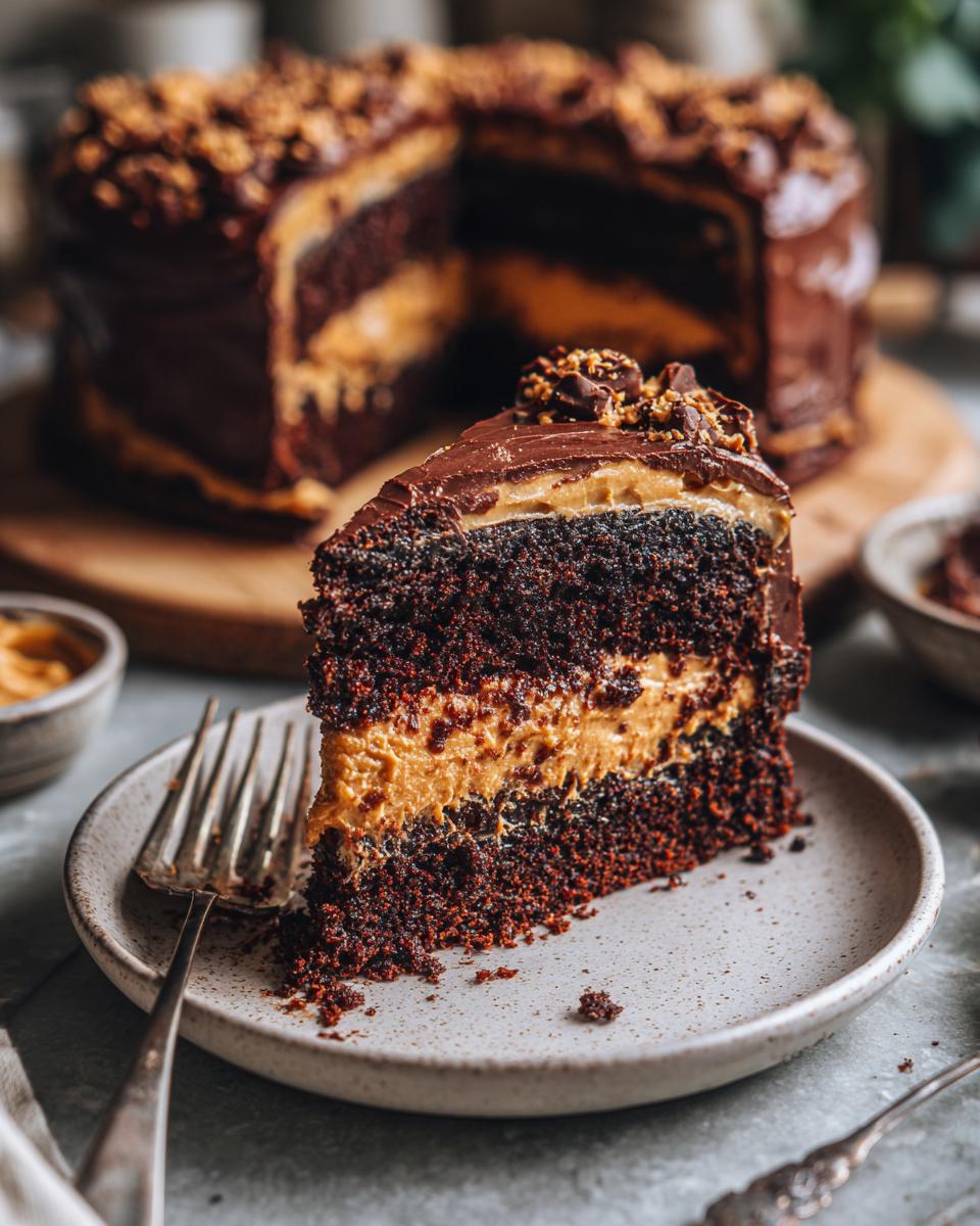 A slice of Peanut Butter Chocolate Cake on a plate, showing layers of cake and frosting.