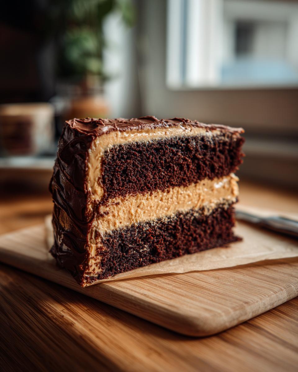 Close-up of a slice of Peanut Butter Chocolate Cake on a wooden board, showing layers of cake and frosting.