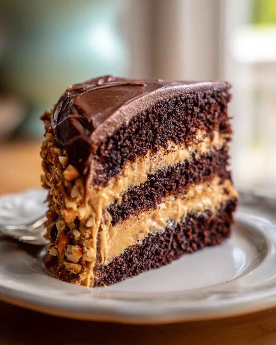 A slice of Peanut Butter Chocolate Cake on a plate, showing layers of cake, peanut butter filling, and chocolate frosting.