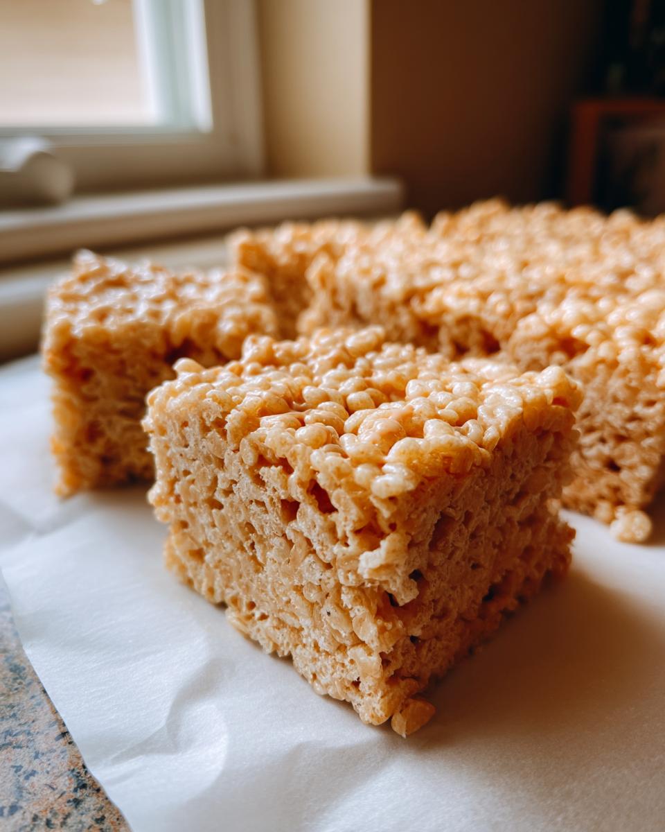 Close-up of Peanut Butter Rice Krispie Treats, showing the texture and detail of the dessert.