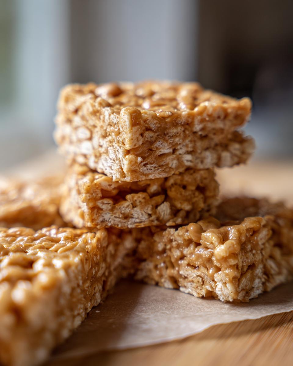 Close-up of stacked Peanut Butter Rice Krispie Treats, showing texture and peanut butter.