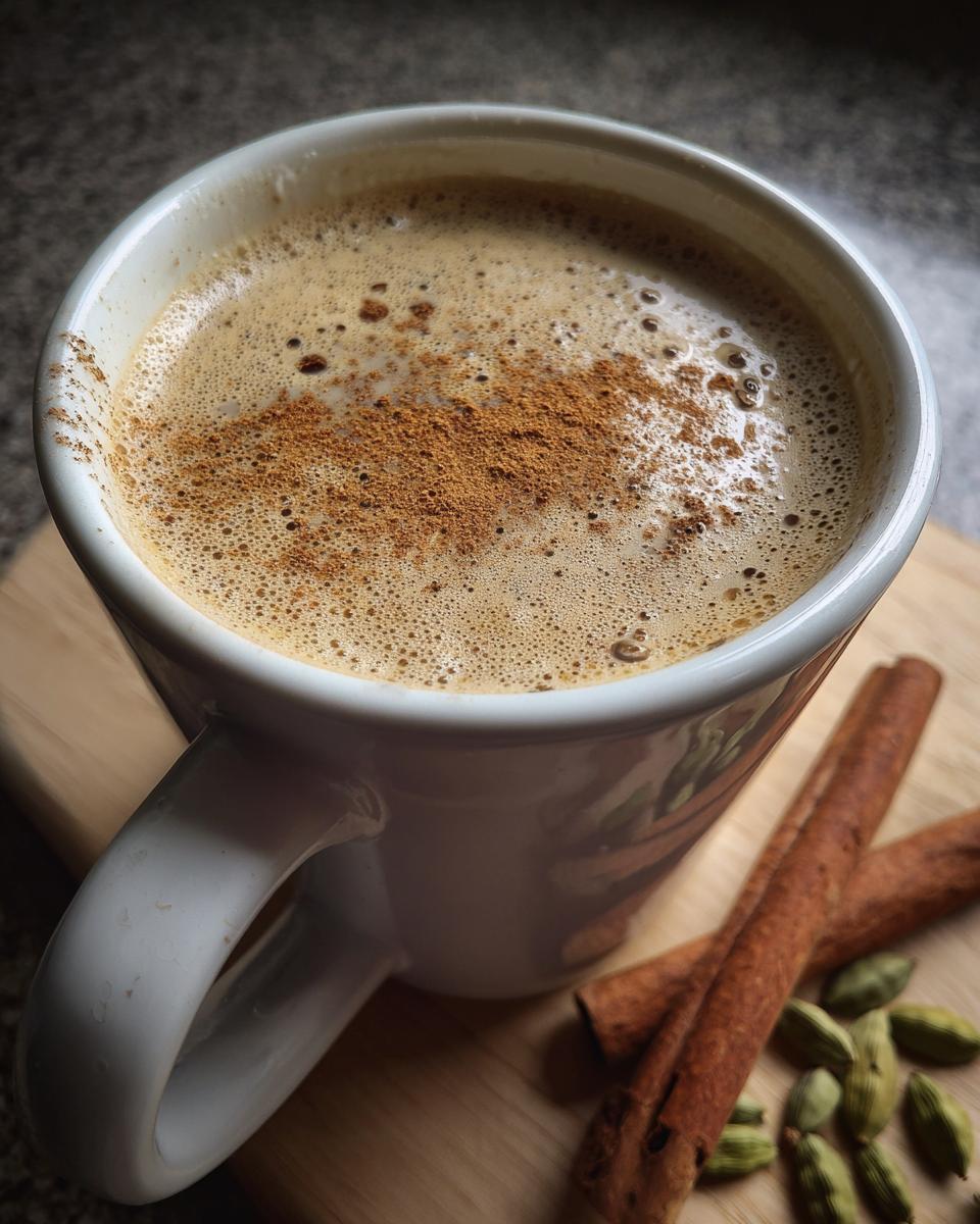 A cup of The Perfect Stovetop Chai Latte with cinnamon, next to cinnamon sticks and cardamom pods.