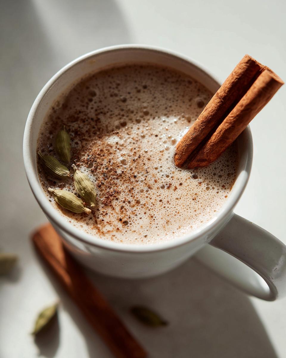 Overhead shot of The Perfect Stovetop Chai Latte in a white mug, with cinnamon stick and cardamom.