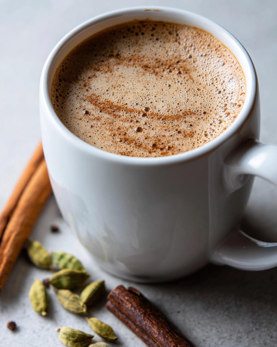 Close-up of a cup of The Perfect Stovetop Chai Latte with cinnamon and spices.