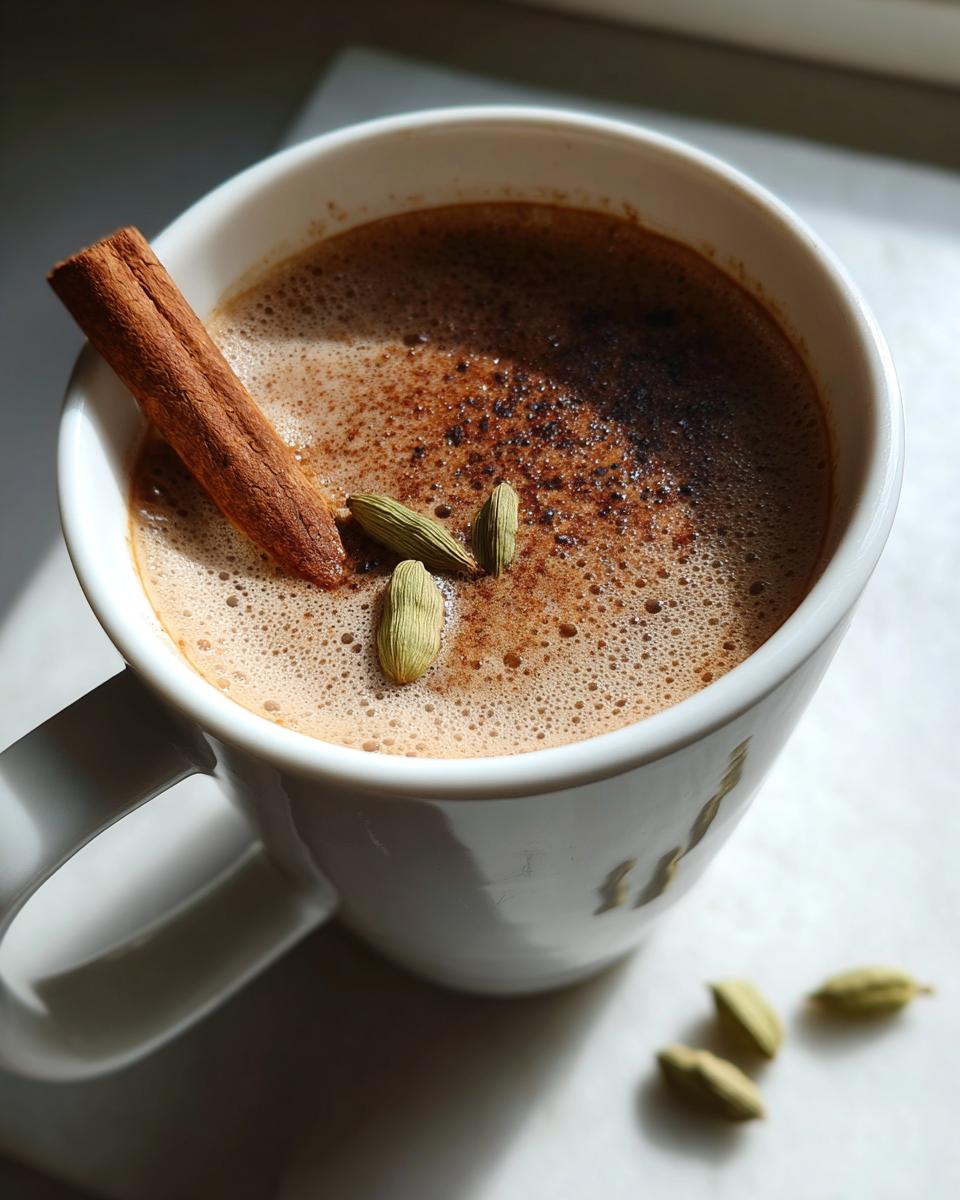 Close-up of a cup of The Perfect Stovetop Chai Latte with cinnamon stick and cardamom pods.