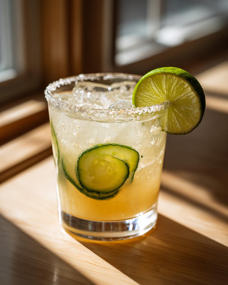 Close-up of a Pickle Margarita cocktail with a lime wedge and cucumber garnish.